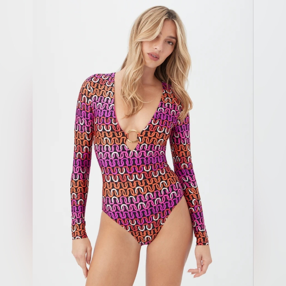 NWT Trina Turk  Echo Rashguard Long Sleeve Swimsuit